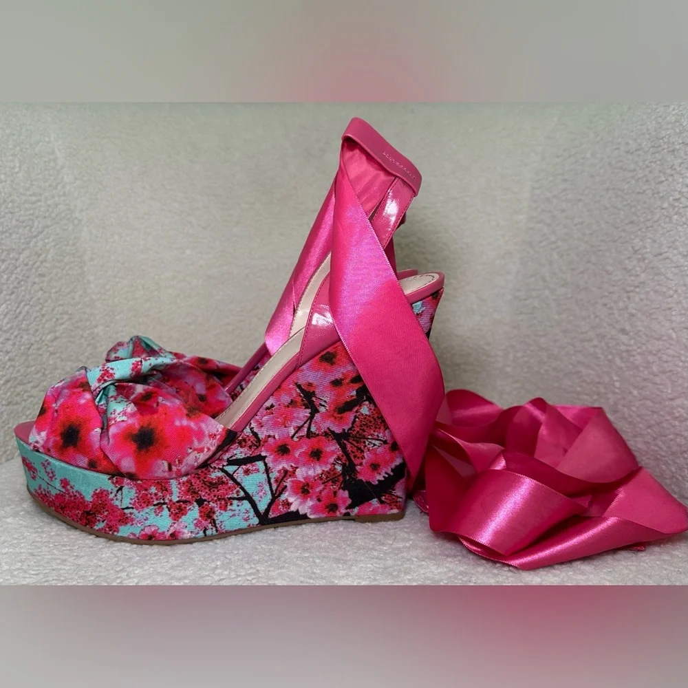 Kirna Zabete wedge platform pink floral flowers ballerina satin leg wrap tie bow